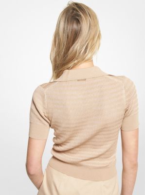 Striped Metallic Knit Polo Shirt in KHAKI | Michael Kors
