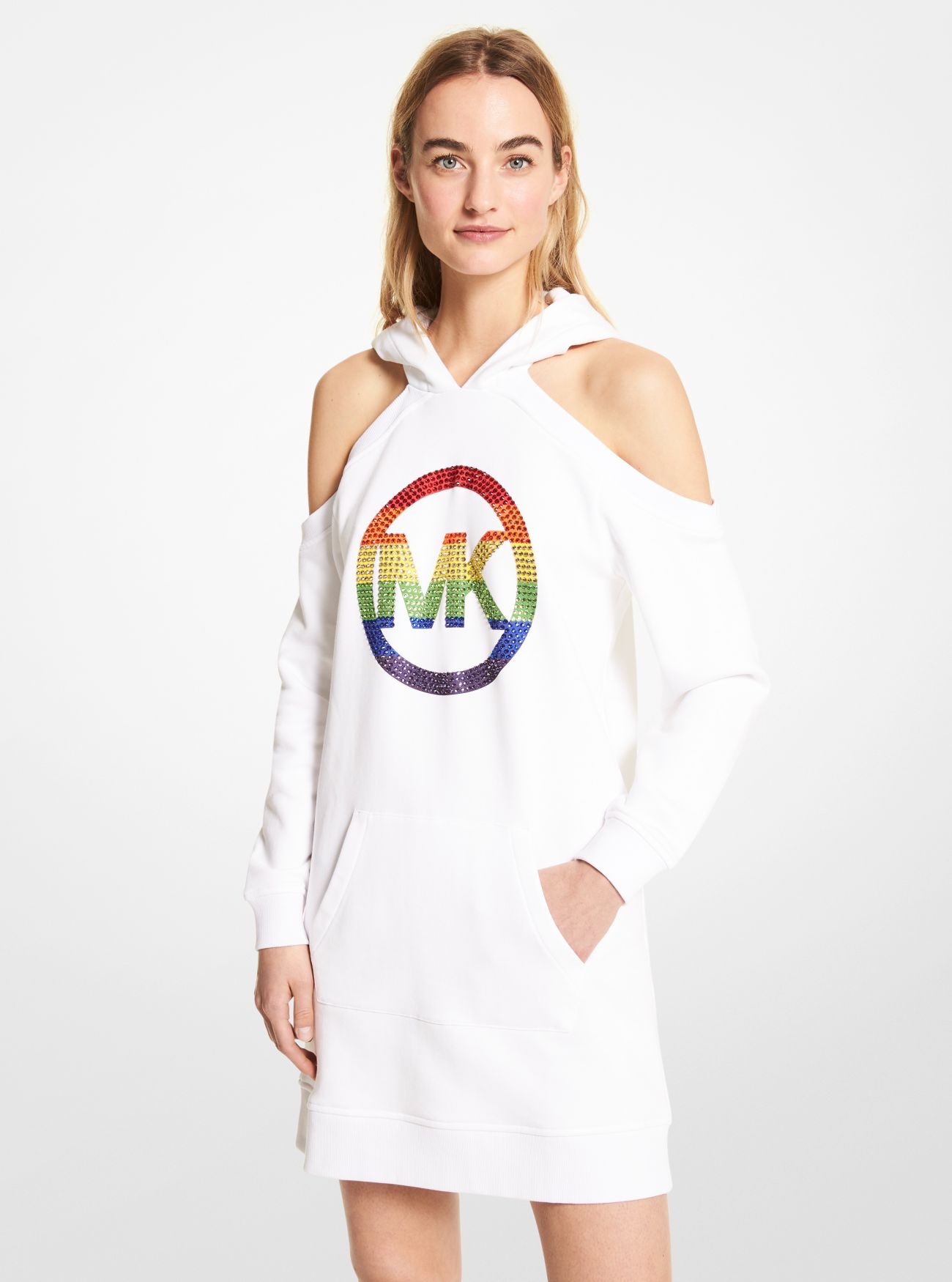 MK PRIDE Embellished Logo Organic Cotton Terry Hoodie Cutout Dress - White - Michael Kors