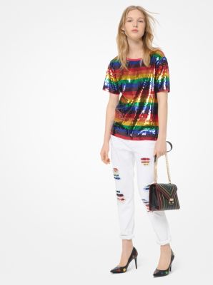 Rainbow Sequined Cotton-jersey T-shirt 