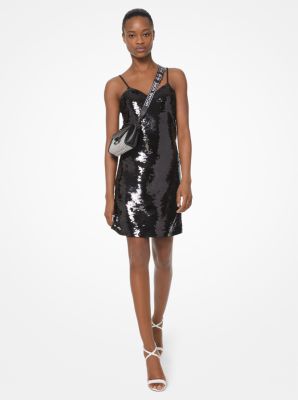 Vestido lencero de crep&eacute; y jersey con lentejuelas