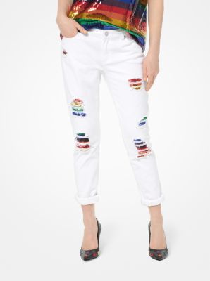 Rainbow Sequined Distressed Jeans 