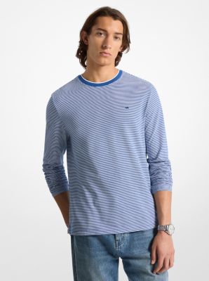 Striped Cotton Piqué Long-Sleeve T-Shirt in EMPIRE BLUE | Michael Kors