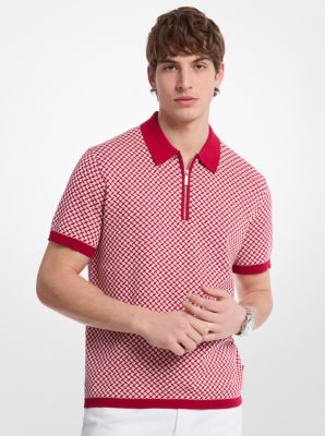Tile Print Cotton Zip-Up Polo Shirt